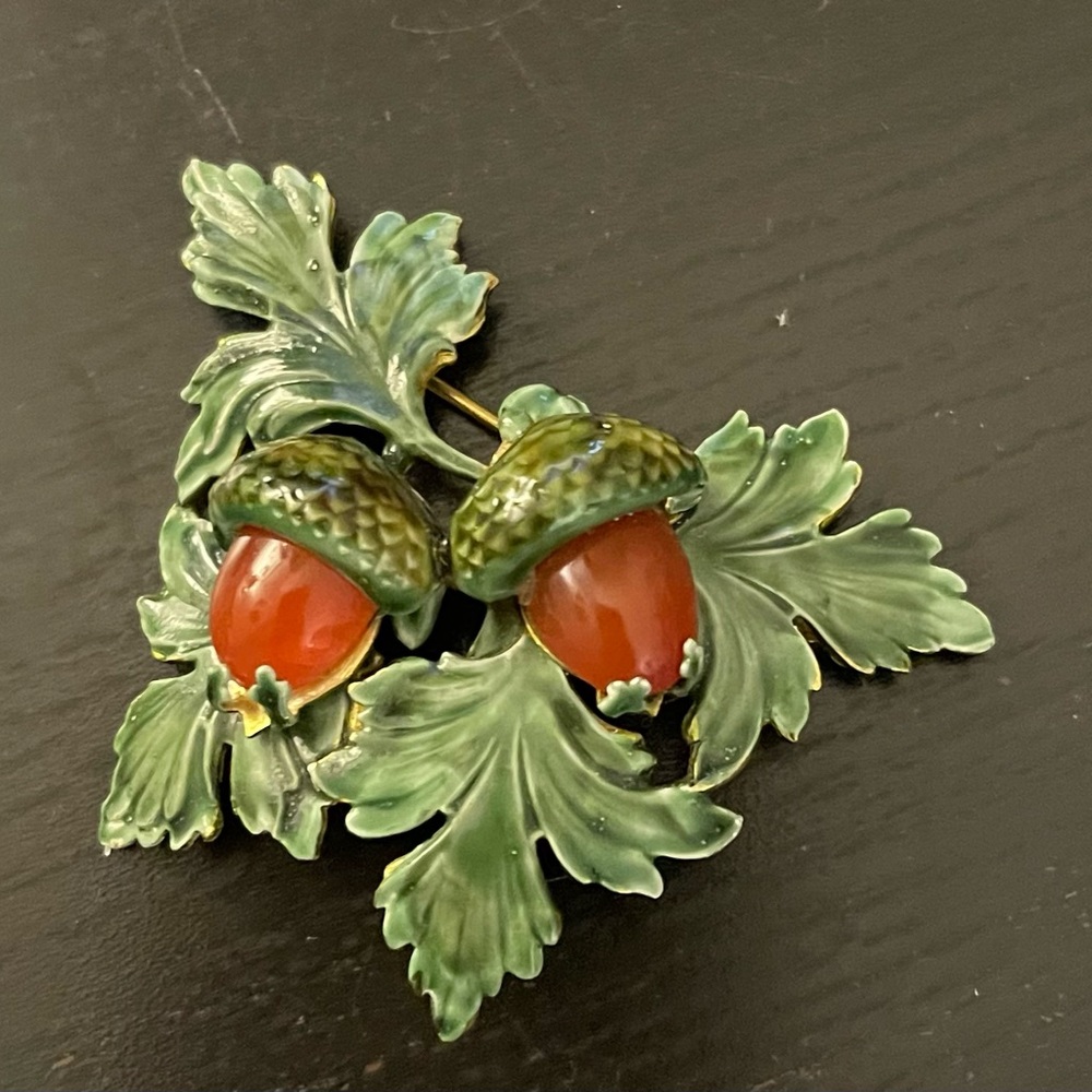 Vintage 3D Enamel Acorn Brooch Signed Sandor Co Cornelian Glass Cabachons